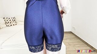 SpandexQueen sucks dick, comes twice in blue spandex lace shorts + nylon suit + gets a huge facial