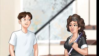 Summertime Saga Hispanic Maid backshot on staircase from big white cock