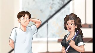 Summertime Saga Hispanic Maid backshot on staircase from big white cock