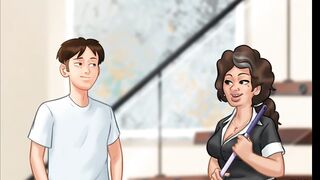 Summertime Saga Hispanic Maid backshot on staircase from big white cock