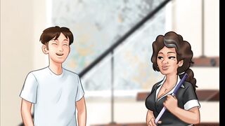 Summertime Saga Hispanic Maid backshot on staircase from big white cock